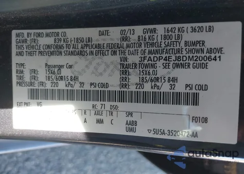 2013 Ford Fiesta Se из США, поврежденный, VIN 3FADP4EJ8DM200641